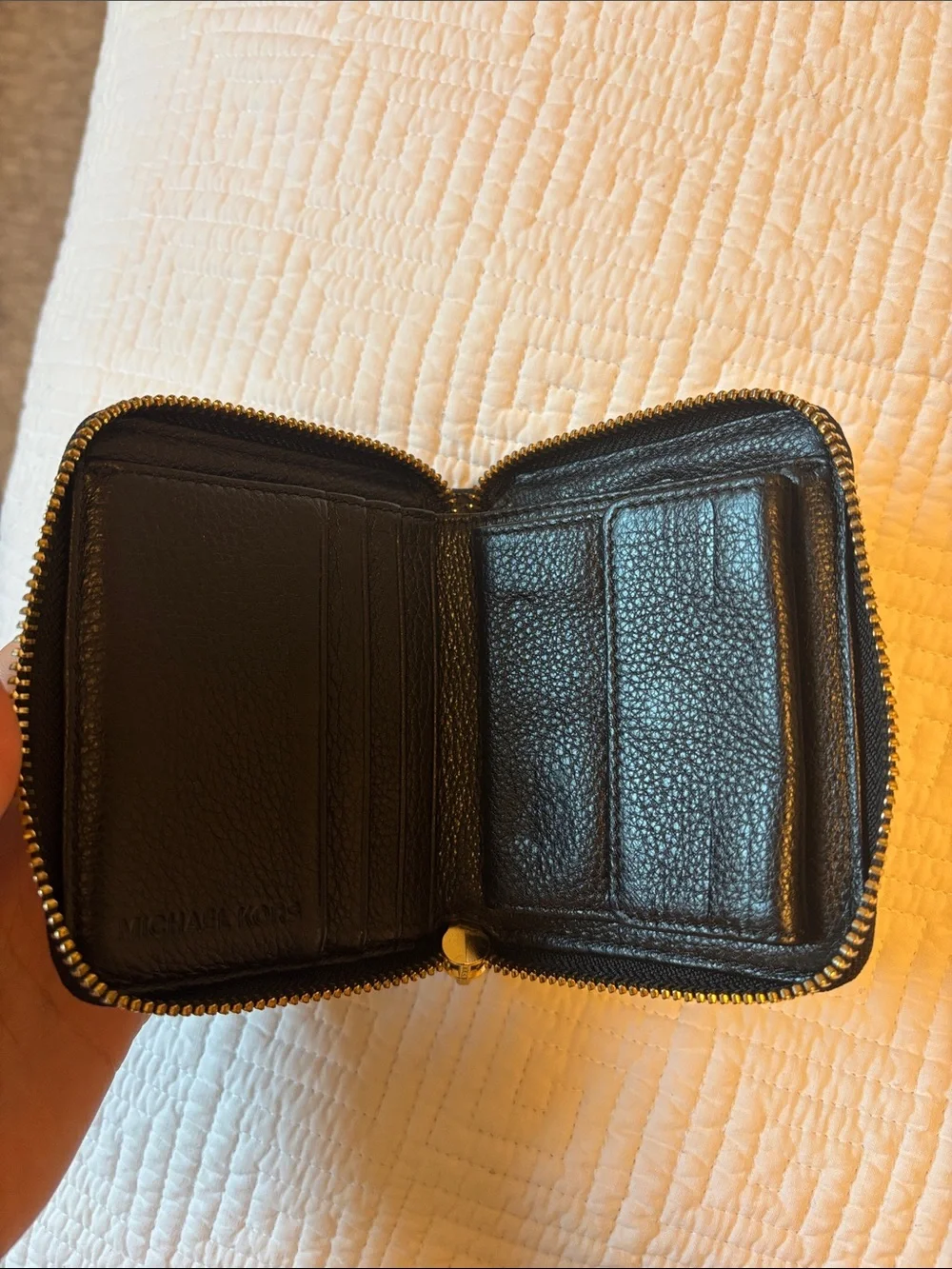 Michael Kors Black Pebbled Leather Zip Card Holder with Gold Plaque